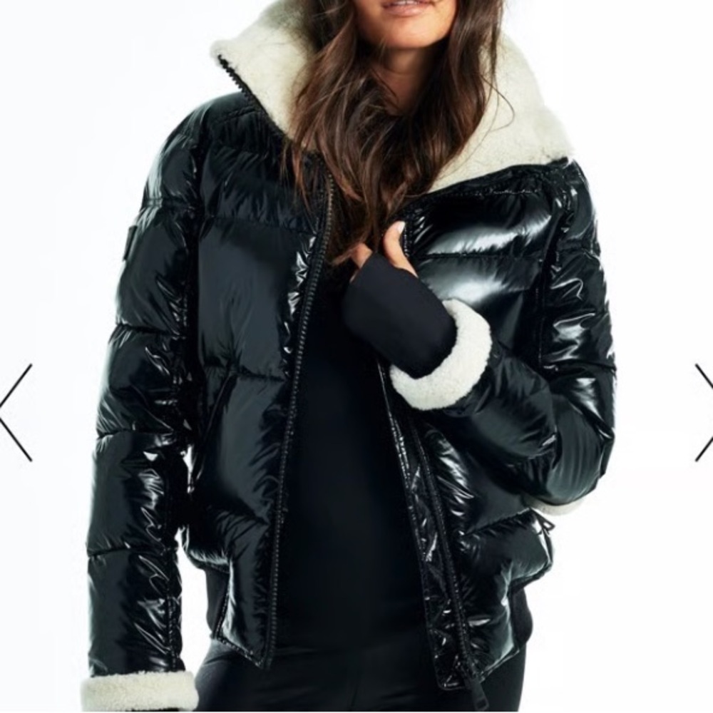 New SAM. Nikki Quilted Down Puffer Lamb Shearling Trim Glossy Black Coat Size S - Picture 2 of 16